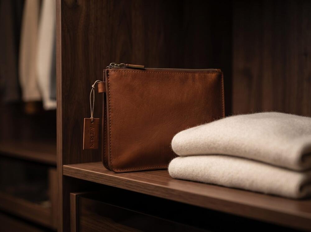 The Averlin Zip Pouch on a walnut shelf